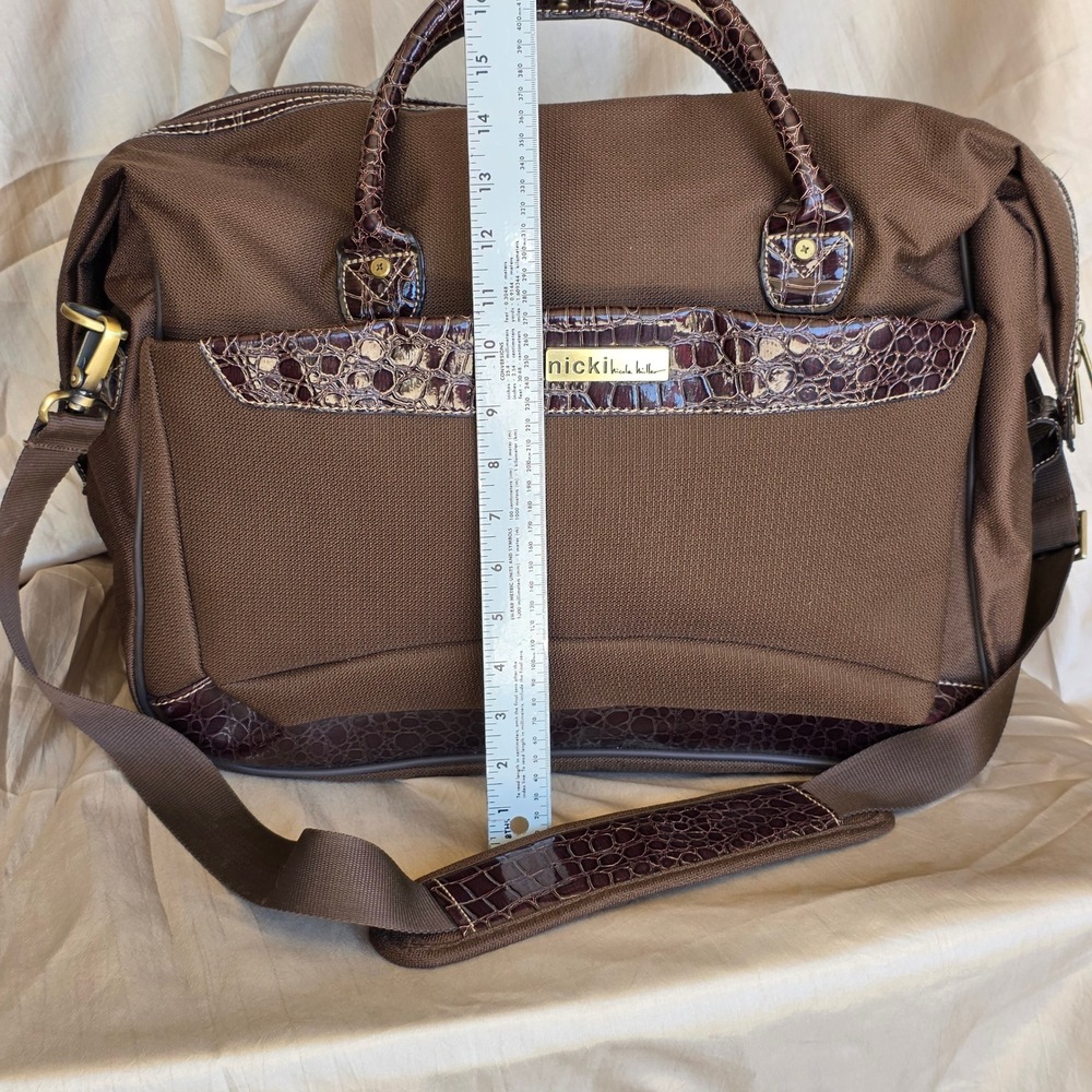 Nicki Nicole Miller Brown Canvas Croc Trim Weekender Bag Travel Duffel - Picture 5 of 16